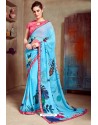 Turquoise Designer Printed Casual Georgette Sari