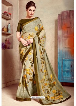 Olive Green Designer Printed Casual Georgette Sari