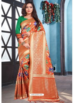 Orange Designer Art Silk Party Wear Sari