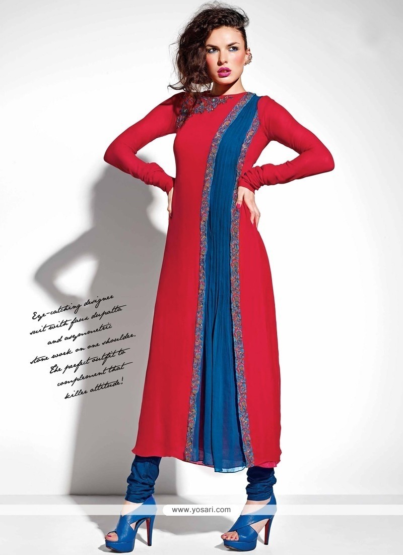 Voluptuous Georgette Red Embroidered Work Anarkali Suit