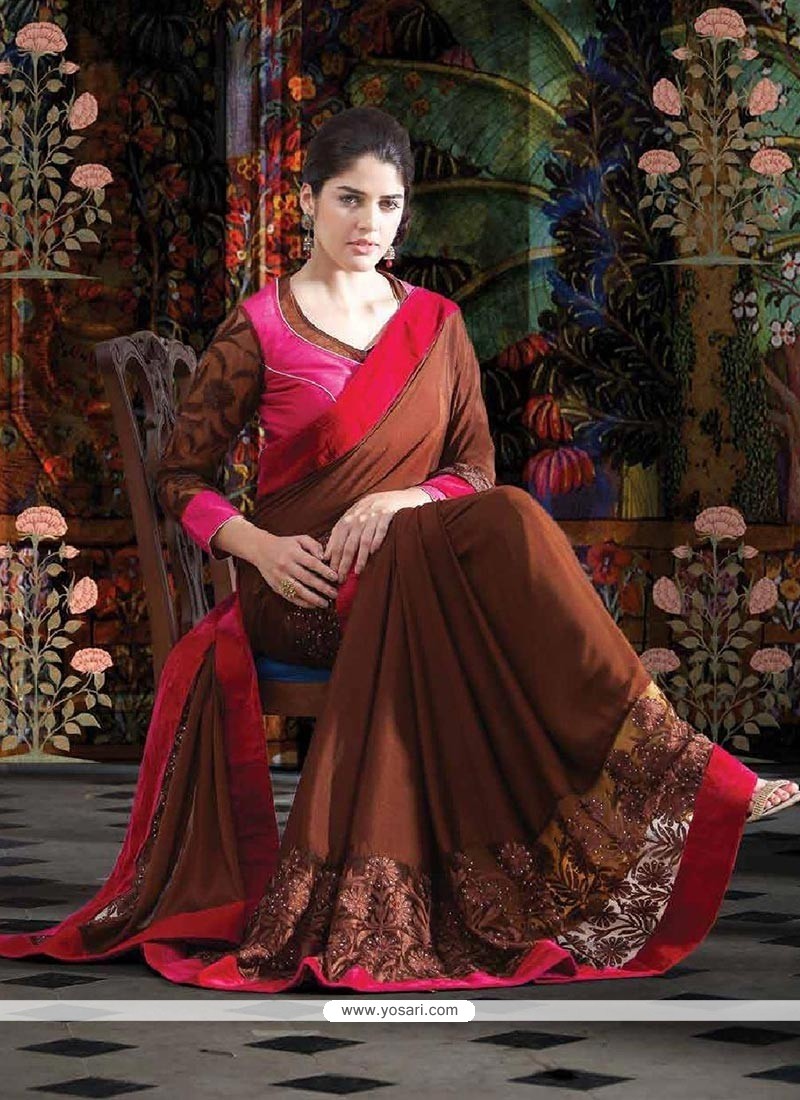 Lustrous Coffee Brown Shade Faux Georgette Saree