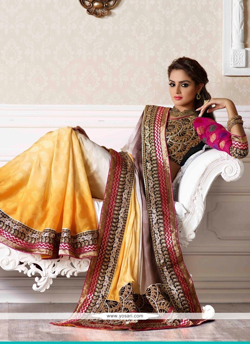 Off White And Yellow Shaded Embroidery Creap Designer Saree