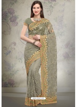 Olive Green Designer Fancy Party Wear Net Sari