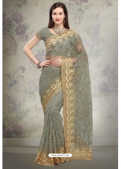 Grayish Green Designer Fancy Party Wear Net Sari