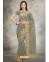 Grayish Green Designer Fancy Party Wear Net Sari