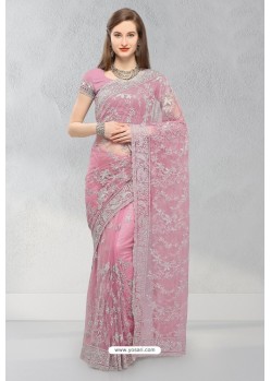 Light Pink Designer Fancy Party Wear Net Sari