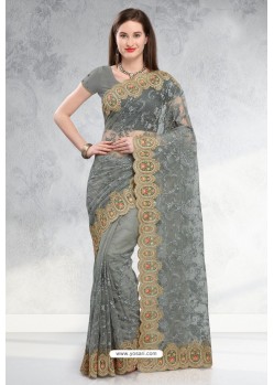 Grey Designer Fancy Party Wear Net Sari