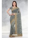 Grey Designer Fancy Party Wear Net Sari