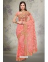 Light Red Designer Fancy Party Wear Net Sari