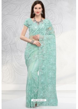 Sky Blue Designer Fancy Party Wear Net Sari