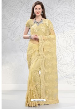 Cream Designer Fancy Party Wear Net Sari