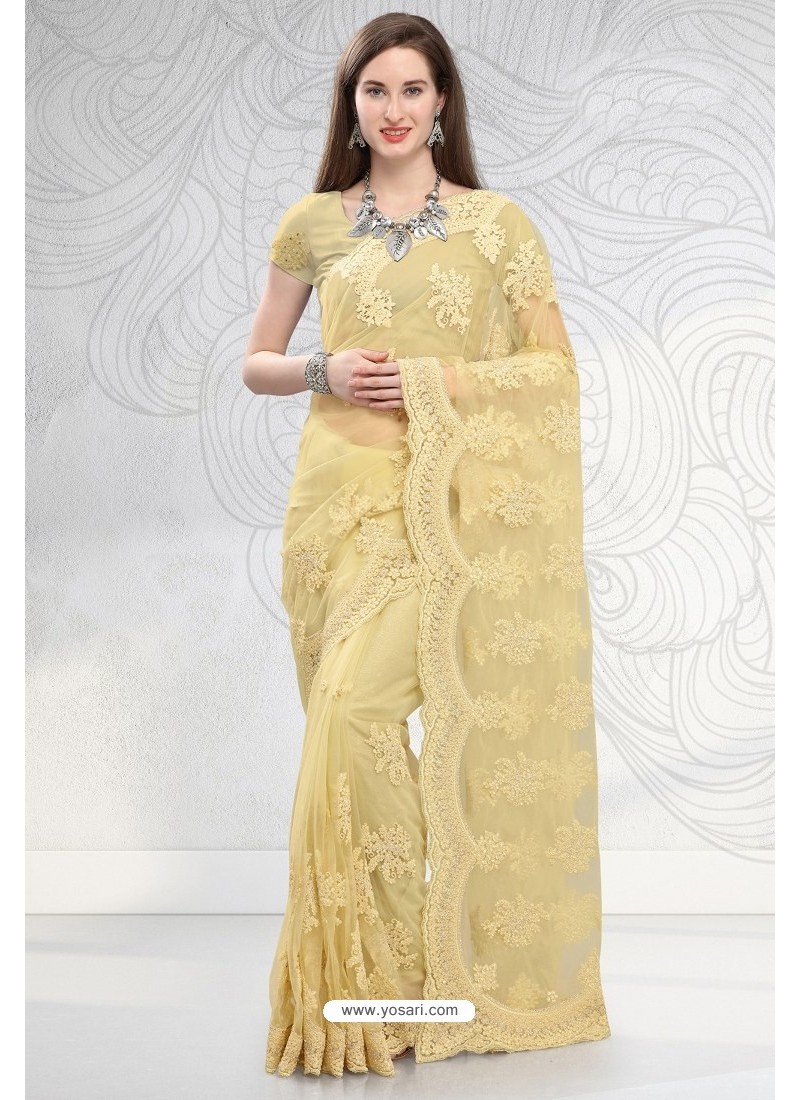 Buy Cream Designer Fancy Party Wear Net Sari | Party Wear Sarees