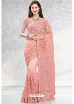 Peach Designer Fancy Party Wear Net Sari
