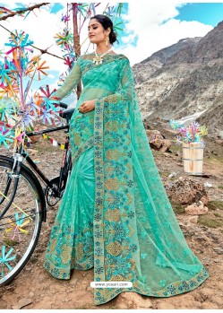 Aqua Mint Designer Net Party Wear Sari