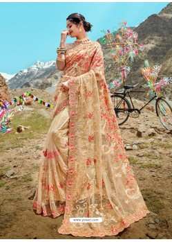 Cream Designer Net Party Wear Sari