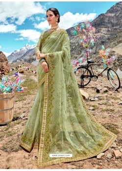 Green Designer Net Party Wear Sari