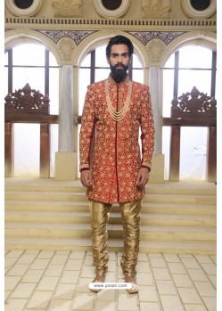 Red Readymade Indowestern Sherwani For Men