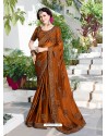 Brown Designer Heavy Embroidered Satin Chiffon Sari