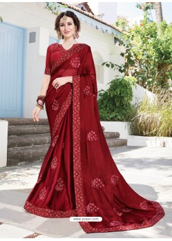 Maroon Designer Heavy Embroidered Satin Chiffon Sari
