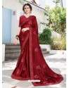 Maroon Designer Heavy Embroidered Satin Chiffon Sari