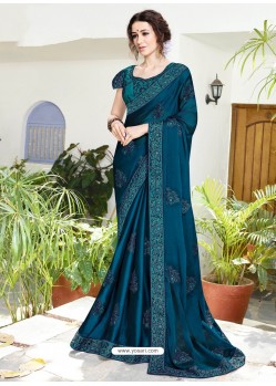 Teal Blue Designer Heavy Embroidered Satin Chiffon Sari