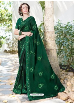 Dark Green Designer Heavy Embroidered Satin Chiffon Sari