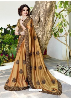 Mustard Designer Heavy Embroidered Satin Chiffon Sari