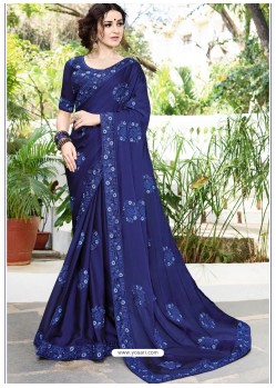 Dark Blue Designer Heavy Embroidered Satin Chiffon Sari