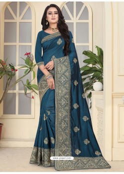Teal Blue Fancy Designer Party Wear Silk Sari