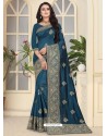 Teal Blue Fancy Designer Party Wear Silk Sari