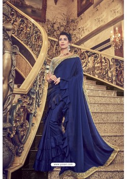 Royal Blue Designer Party Wear Fancy Ruffle Sari