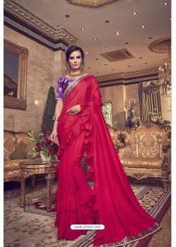 Red Designer Party Wear Fancy Ruffle Sari