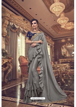 Silver Designer Party Wear Fancy Ruffle Sari
