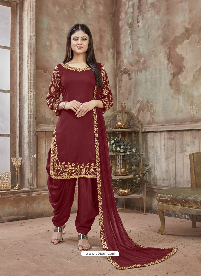 Buy Maroon Embroidered Party Wear Punjabi Patiala Suits | Punjabi ...