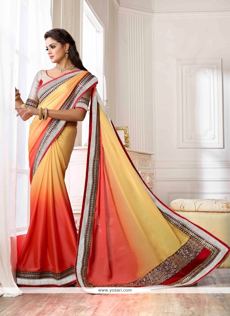 Cream And Pink Shaded Satin Party Wear Saree