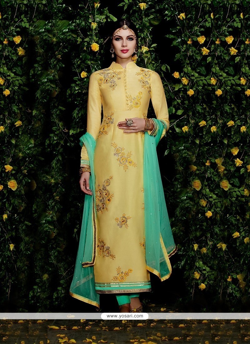 Innovative Resham Work Yellow Cotton Satin Churidar Designer Suit
