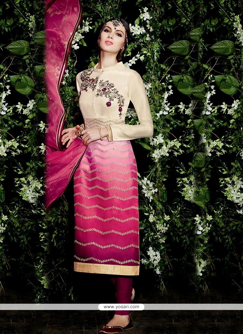 Ideal Hot Pink And Off White Churidar Designer Suit
