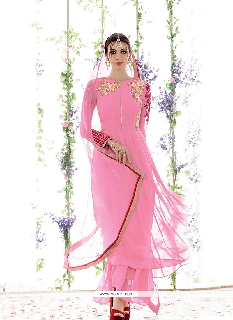 Fashionable Pure Georgette Pink Embroidered Work Salwar Suit