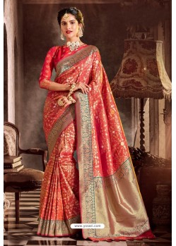 Tomato Red Fancy Designer Party Wear Art Silk Sari