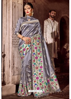 Silver Fancy Designer Party Wear Art Silk Sari