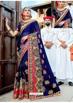 Royal Blue Designer Party Wear Rangoli Silk Wedding Sari