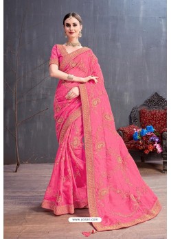 Hot Pink Designer Heavy Embroidered Party Wear Organza Sari