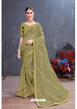 Mehendi Designer Heavy Embroidered Party Wear Organza Sari