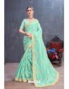 Sky Blue Designer Heavy Embroidered Party Wear Organza Sari