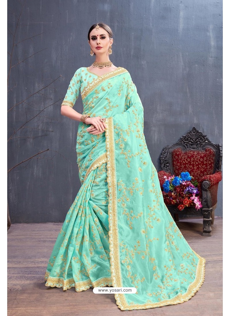 Buy Sky Blue Designer Heavy Embroidered Party Wear Organza Sari | Party ...