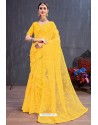 Yellow Designer Heavy Embroidered Party Wear Organza Sari