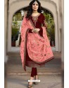 Maroon Embroidered Designer Faux Georgette Churidar Salwar Suit