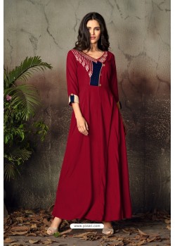 Rose Red Designer Readymade Thread Embroidered Rayon Kurti For Girls