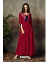 Rose Red Designer Readymade Thread Embroidered Rayon Kurti For Girls