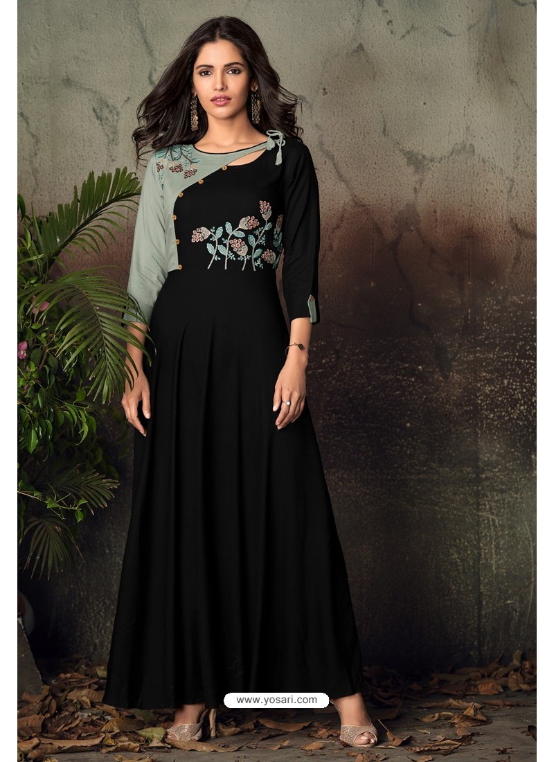 Buy Black Designer Readymade Thread Embroidered Rayon Kurti For